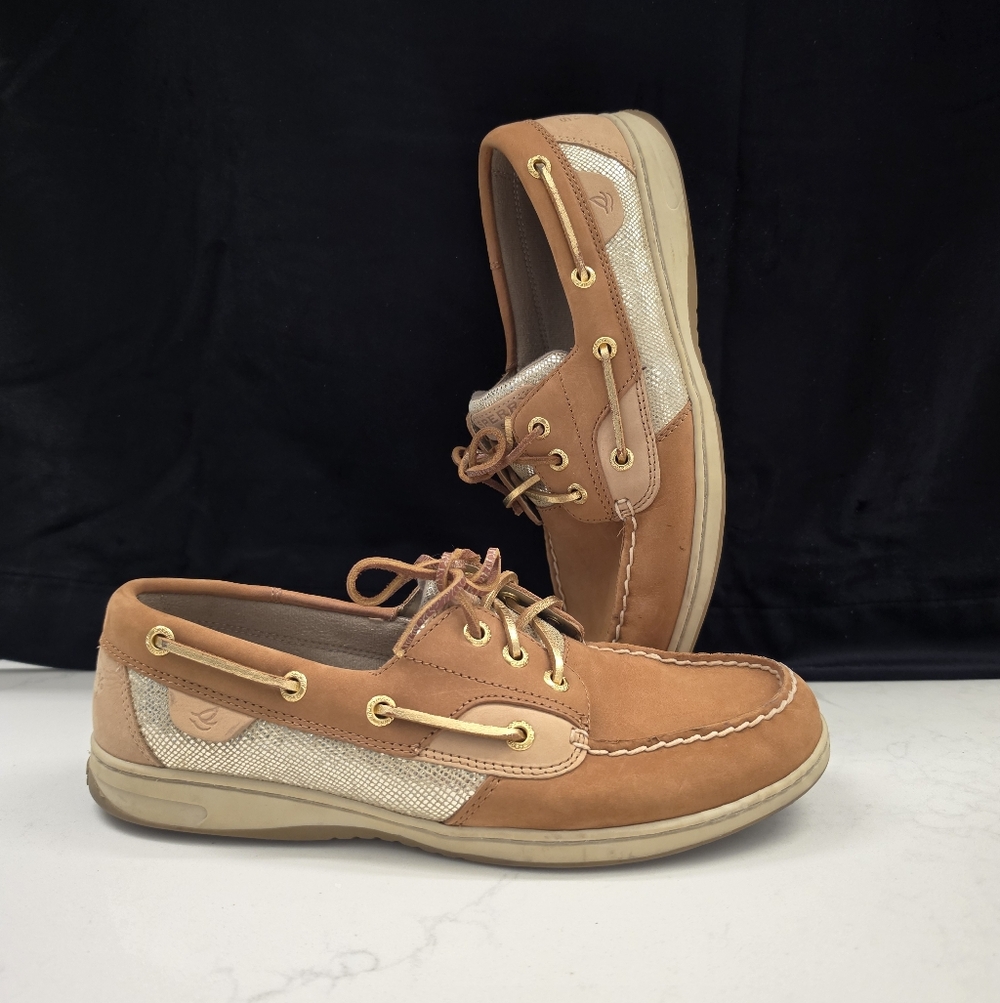 SPERRY Top-Sider Womens Boat Shoes Tan Leather Gold Glitter Panels Lace-Up Flats